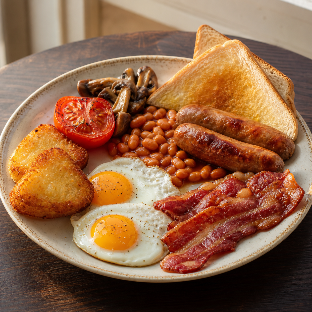 A freshly cooked full English breakfast with eggs, bacon, sausages, beans, mushrooms, tomato, hash browns and toast